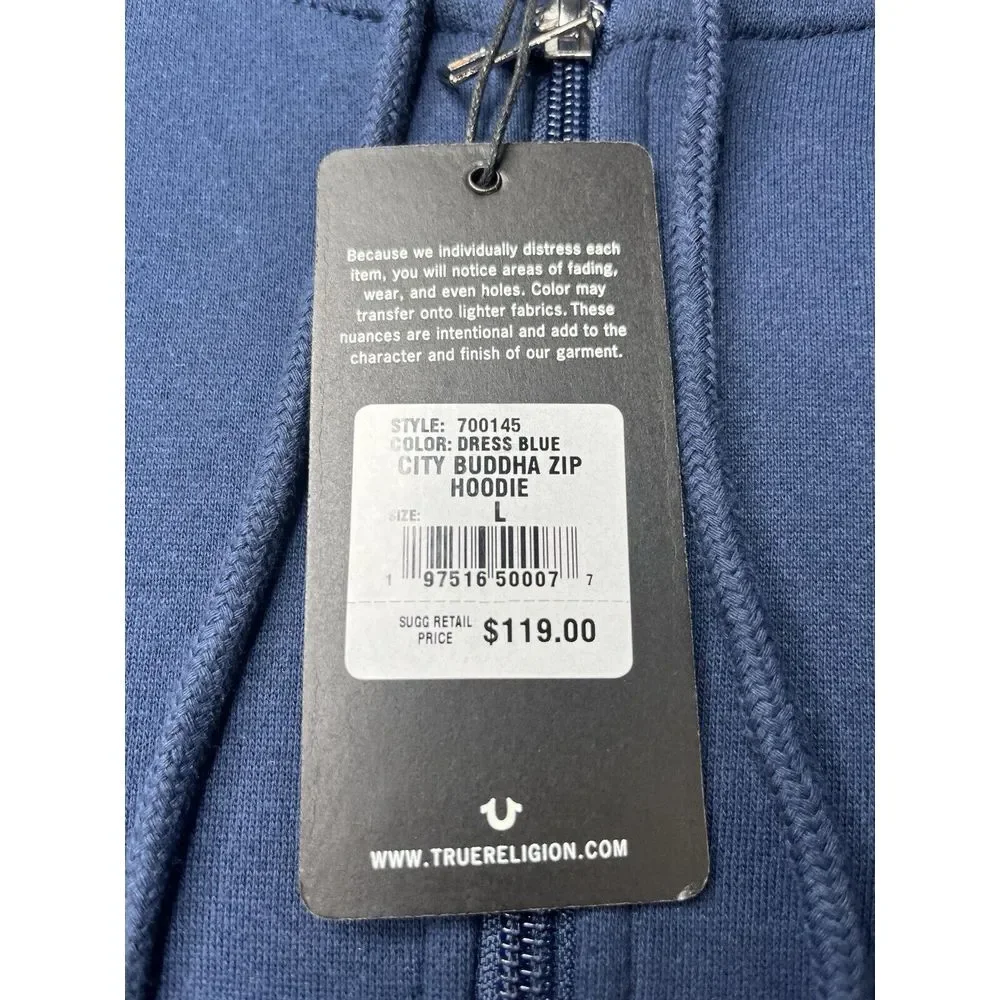 True‎ Religion Mens City Buddha Zip Hoodie Dress Blue Metallic Silver 700145 L